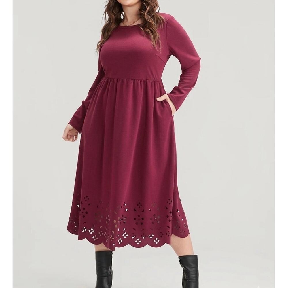 Bloomchic Plus Size 30 6x Long Sleeve Laser Cut Midi Dress w/ Pockets NWT